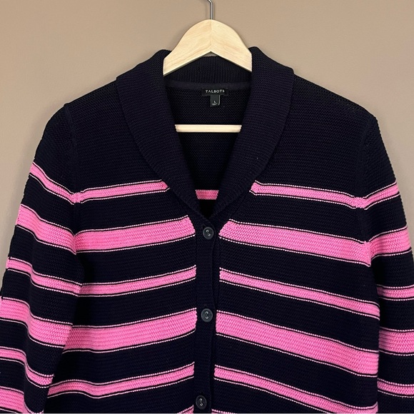 {Talbots} Shawl Collar Striped Cardigan Sweater in Pink & Navy - Womens Large - Picture 2 of 8